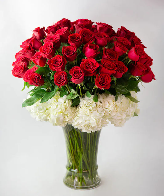 Lavish Bouquet - Red luxury Roses & Hydrangeas