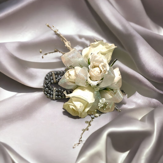 White Rose Corsage with Gray Pearl & Stone Bracelet