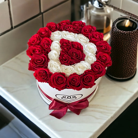 Customized Letter | White Classic Box with Red/White Roses