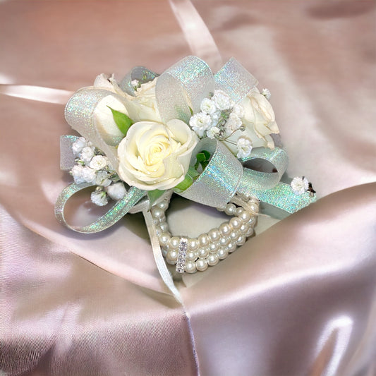White Rose Corsage with Pearl & Stone Bracelet