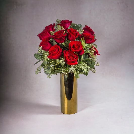 12 Stem Red Roses in a Golden Vase