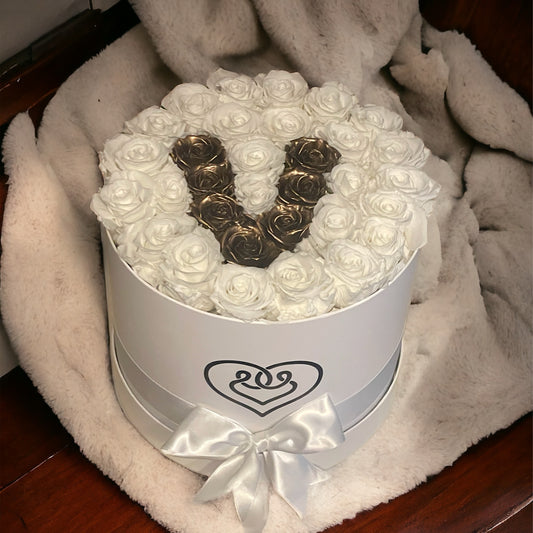 Customized Letter | White Classic Box with White/Gold Roses