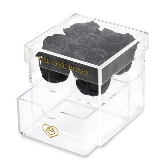 Opaque | Rose Box with Drawer | Onyx Black Glitter Roses